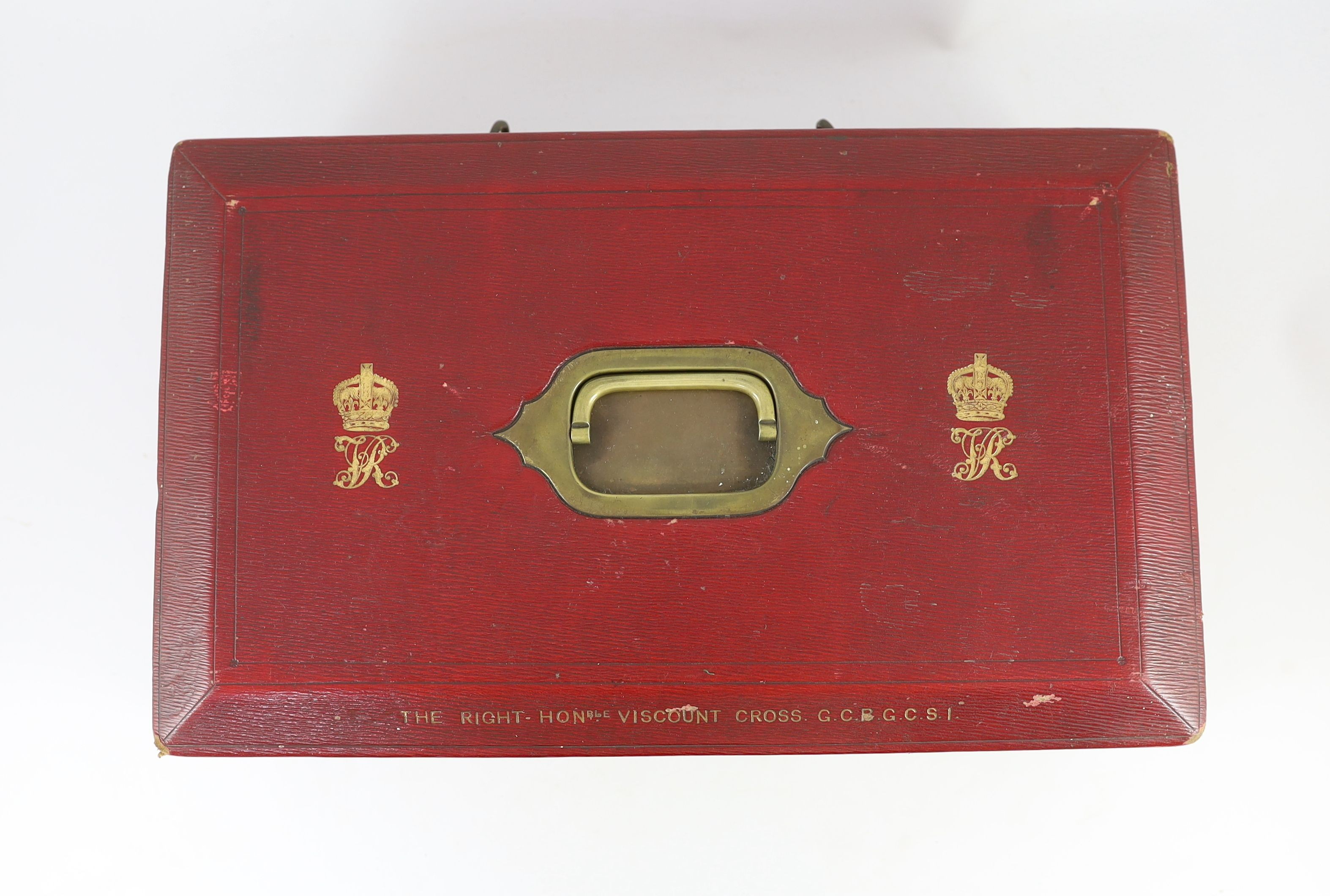 A Victorian red morocco despatch box, formerly the property of the Right Honourable Viscount Cross GCBGCSI, width 46cm, depth 28cm, height 15cm